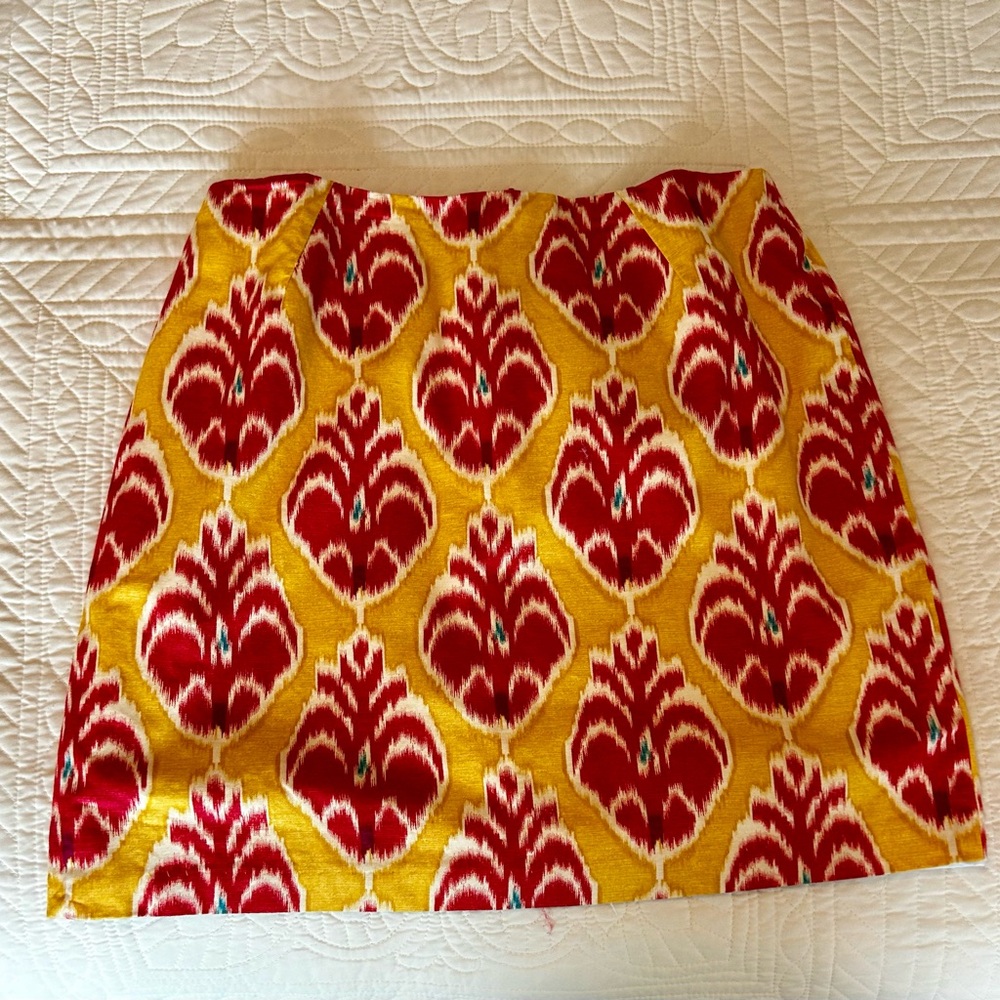 Vibrant Red and Gold Patterned Skirt. 100% cotton A-Line skirt, back zipper.